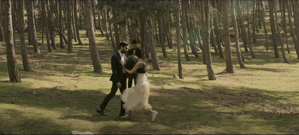 A couple dancing among tall trees in warm natural light.