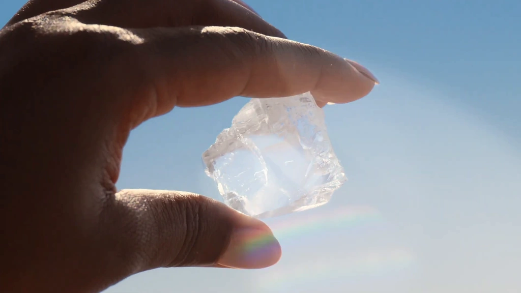 A translucent rough diamond held between two fingers against the bright sky.