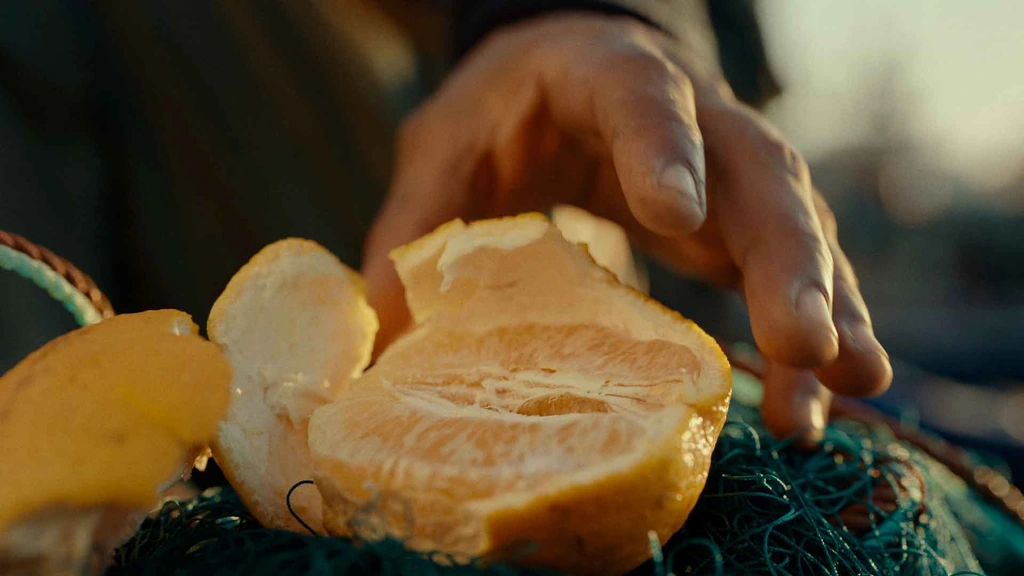 Hands opening an orange in warm light.