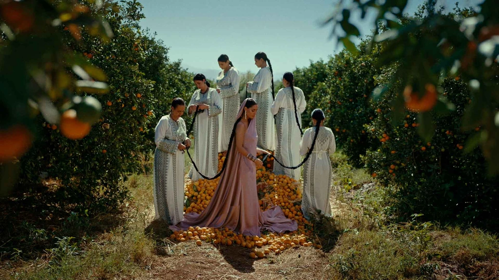 Zeyne and a group of women in an orange grove, framed by leafy branches.