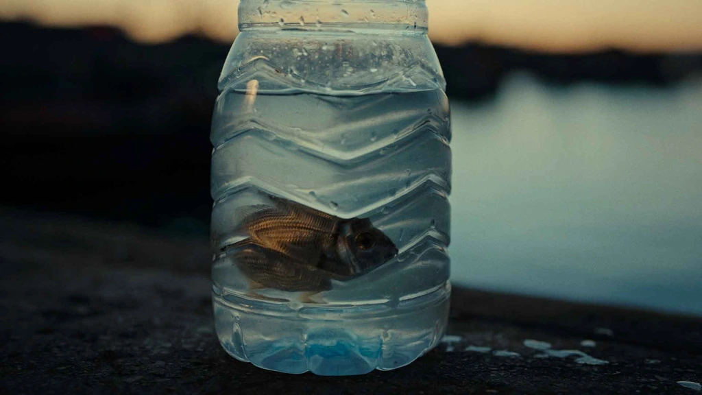 A small fish in a clear bottle, backlit by a warm evening sky.